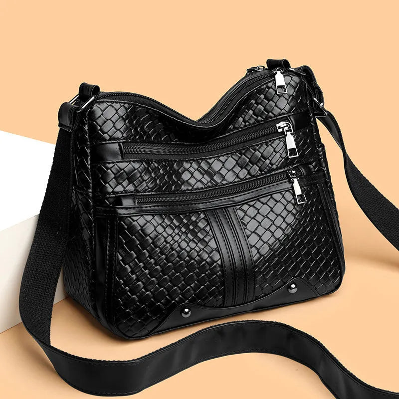 Woven PU leather messenger bag with horizontal square design and multiple compartments