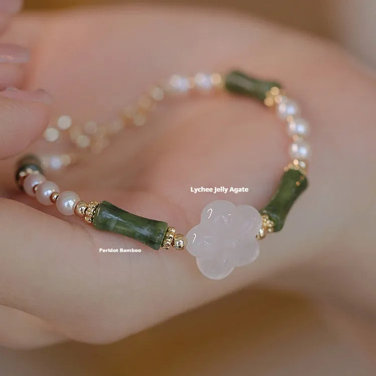 Chinese-style Hetian jade bracelet with antique bamboo joint design and 4mm shell pearl beads