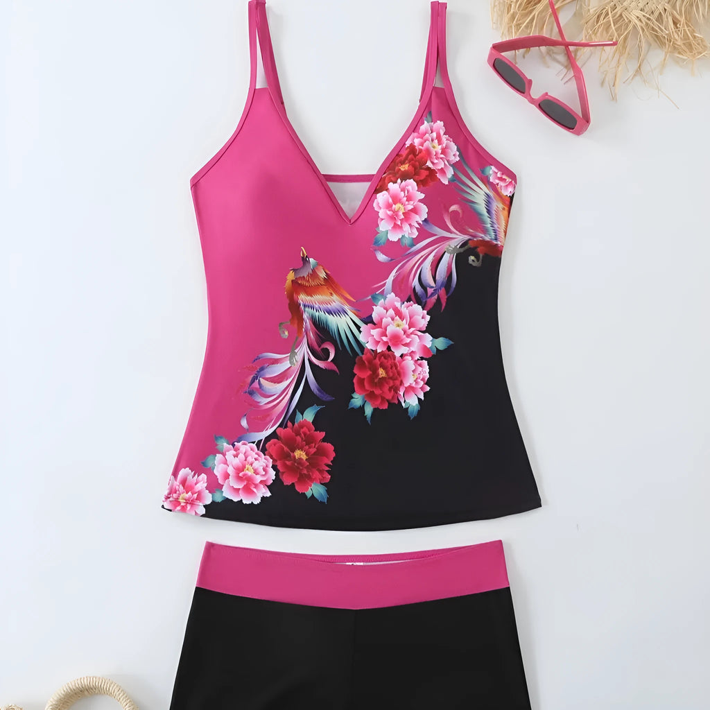 Women's plus size printed two-piece swimsuit set in black or rose red.