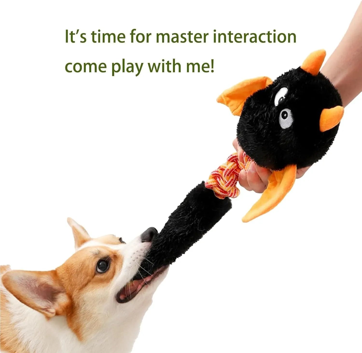 Plush cartoon dog toy with a squeaker and integrated rope knot on a green background.