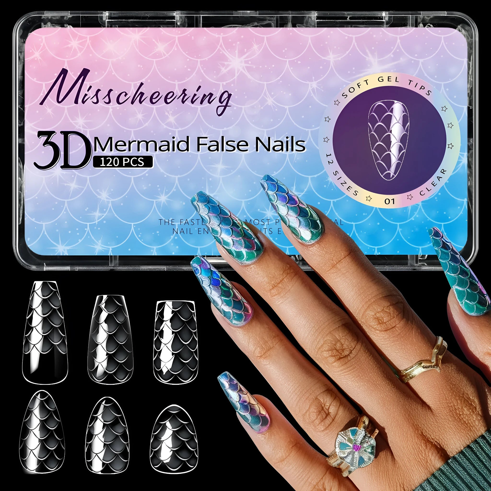 Box of 3D scale long shaping full cover false nail tips for professional nail extensions