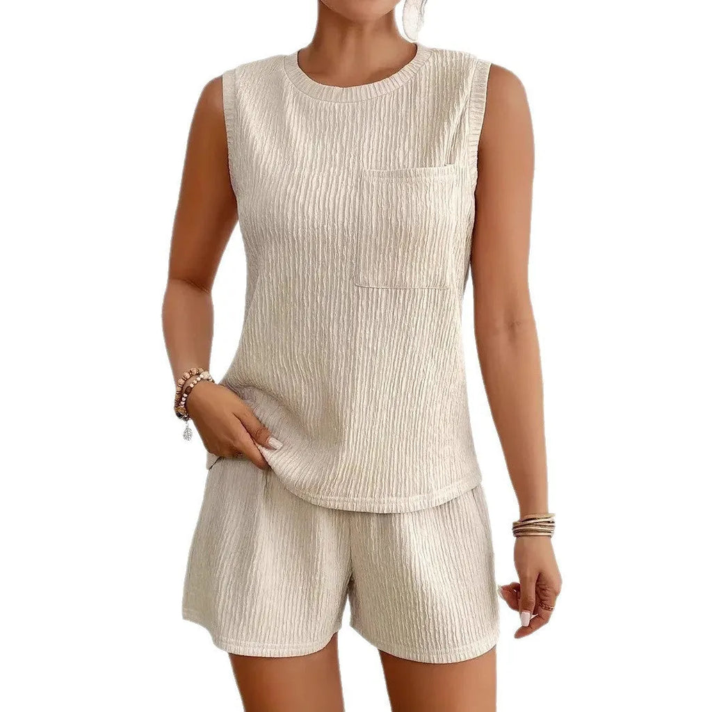 Women's apricot vest and shorts set with sleeveless round neck design on hanger
