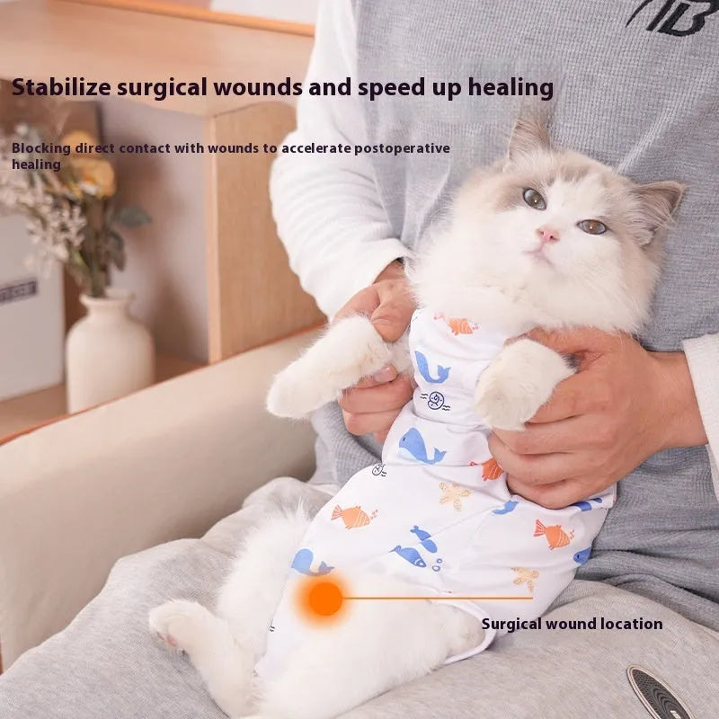 Adjustable velcro cat sterilisation recovery suit in a printed colour design, sizes S M L XL.