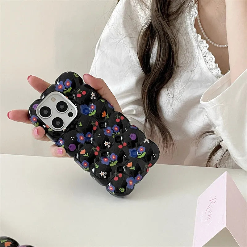 Retro cherry floral plaid TPU phone case for iPhone on black background