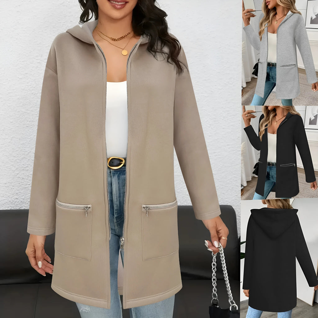 Women's loose grey cardigan coat with pockets and regular sleeves