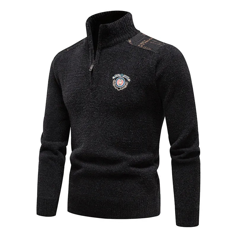 Men's velvet stand collar sweater in thickened fabric, shown in beige, dark grey, black, and navy blue colours.