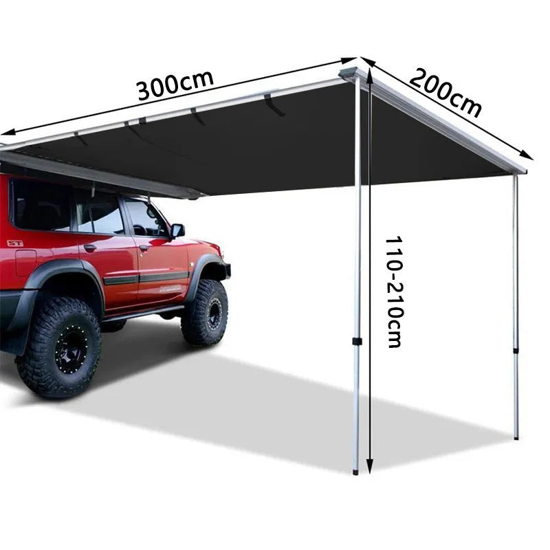 Black glue waterproof two-bedroom camping tent with aluminium poles set up outdoors.
