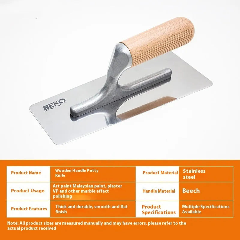 Stainless steel putty scraper with wooden handle showing three blade size options for decorative floor and wall work