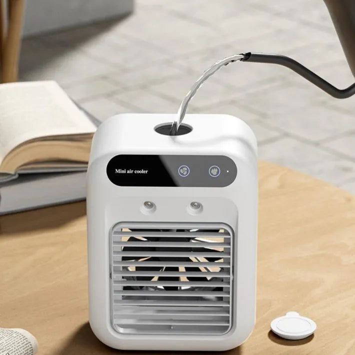 Ivory white portable USB air cooler fan with digital touchscreen display and water tank for room or car use