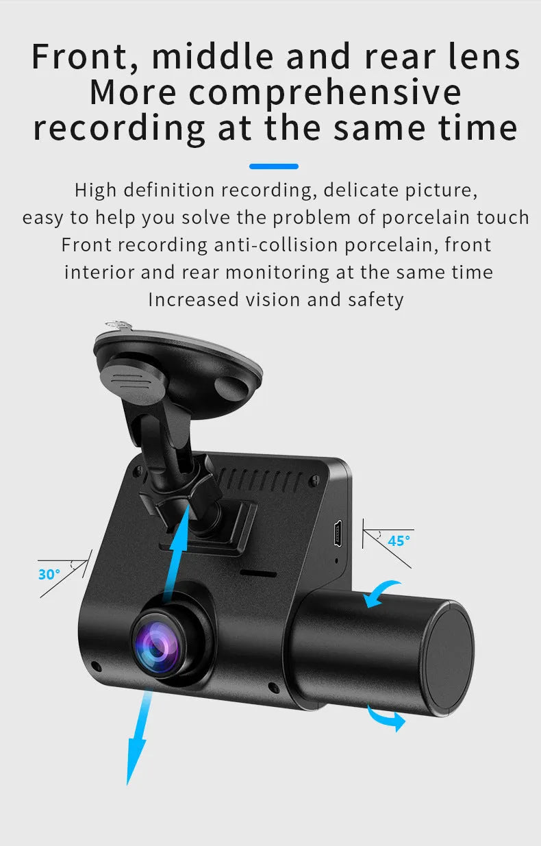 Black 1080P car dash cam with touch screen and wide-angle lens for vehicle recording
