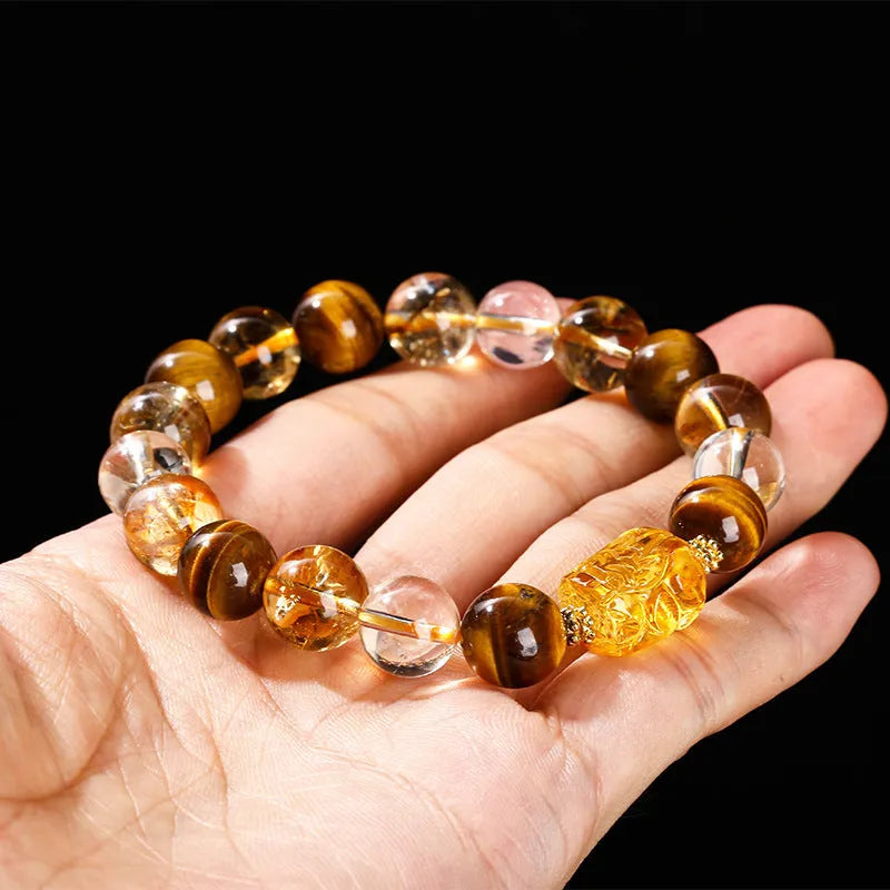 5A natural yellow tiger's eye and citrine pi xiu bracelet with 10mm geometric beads
