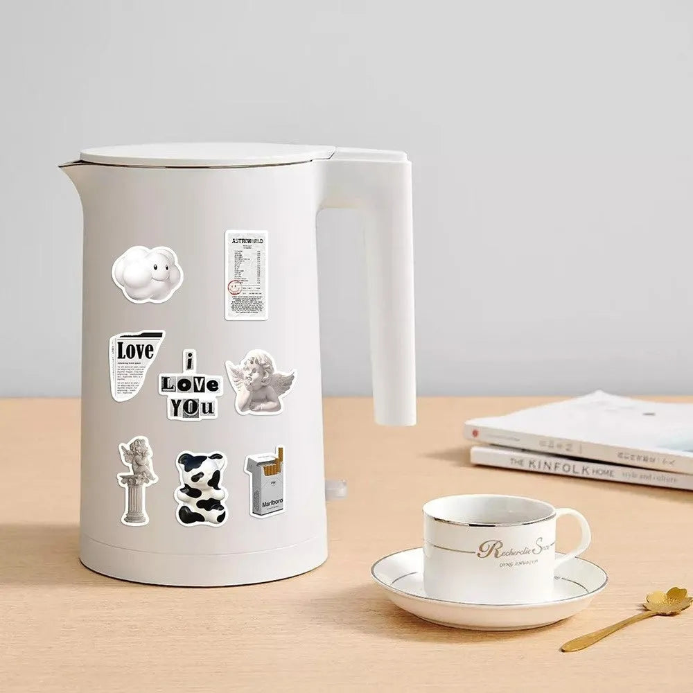 61-piece black and white waterproof PVC sticker set for laptops, phones, and cups.