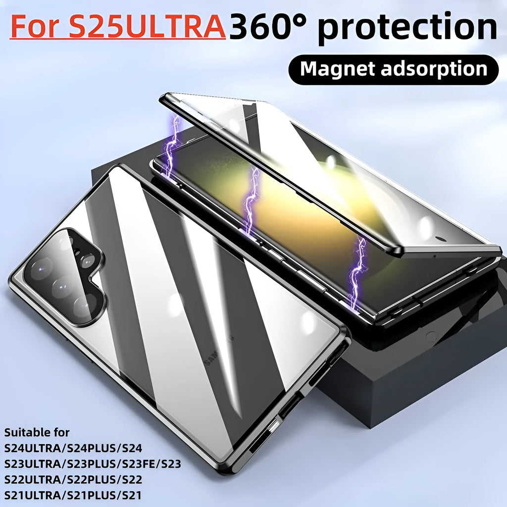 Glossy metal magnetic peep-proof phone case for Samsung with aluminium alloy glass construction and drop resistance