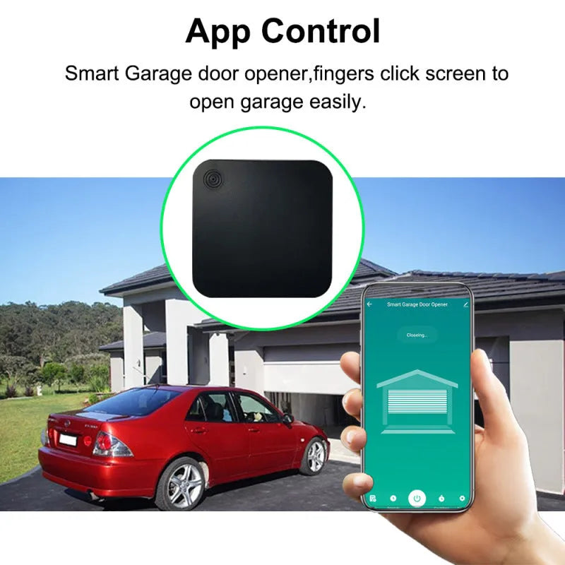 Black plastic WiFi garage door controller with mounting accessories for smart home automation
