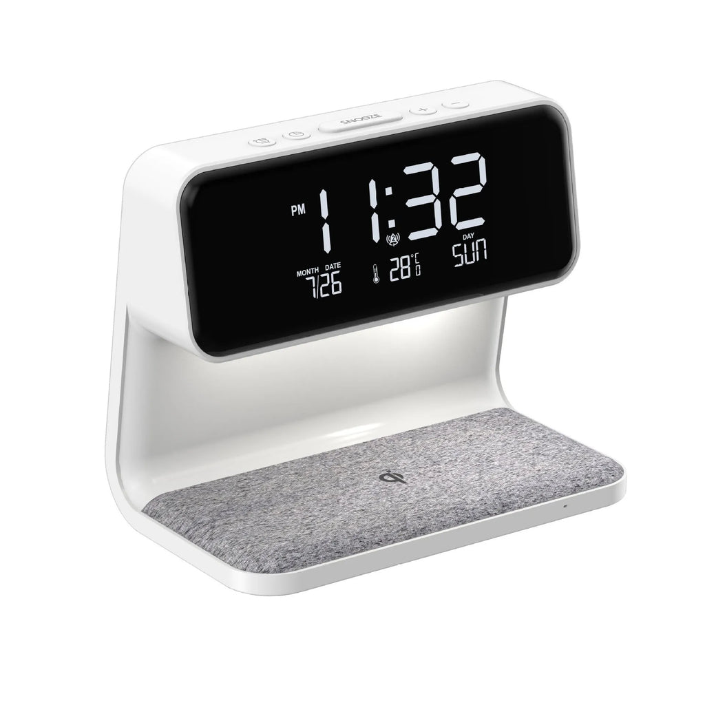 White bedside lamp with wireless charging pad and LCD clock display on base