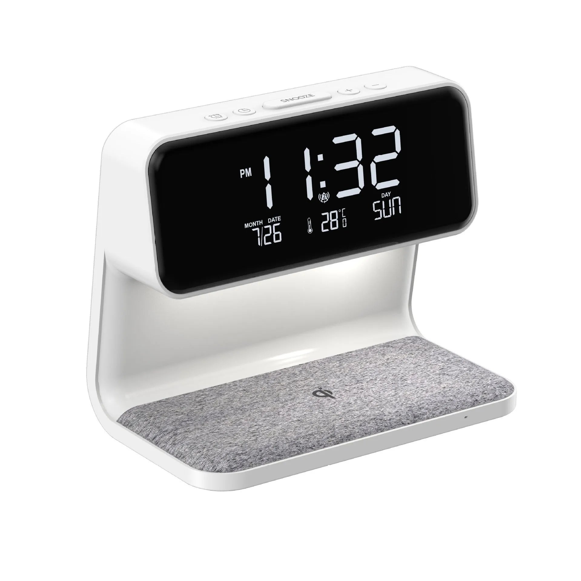White bedside lamp with wireless charging pad and LCD clock display on base