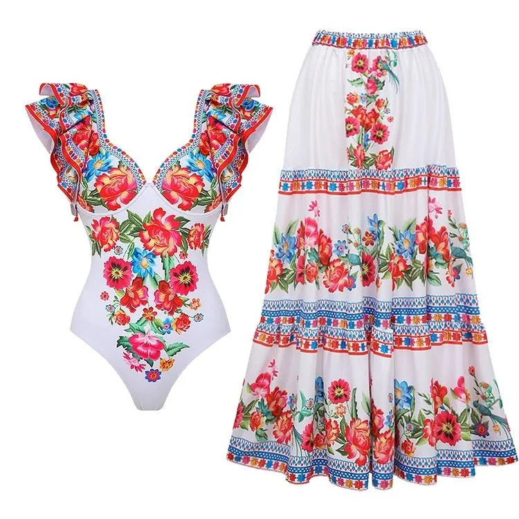 Women's printed one-piece swimsuit with matching apron skirt in polyester fabric