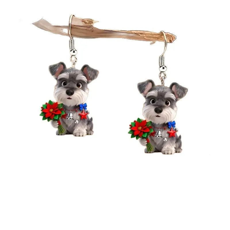 Flat cartoon schnauzer dog acrylic earrings in Christmas style on a white background