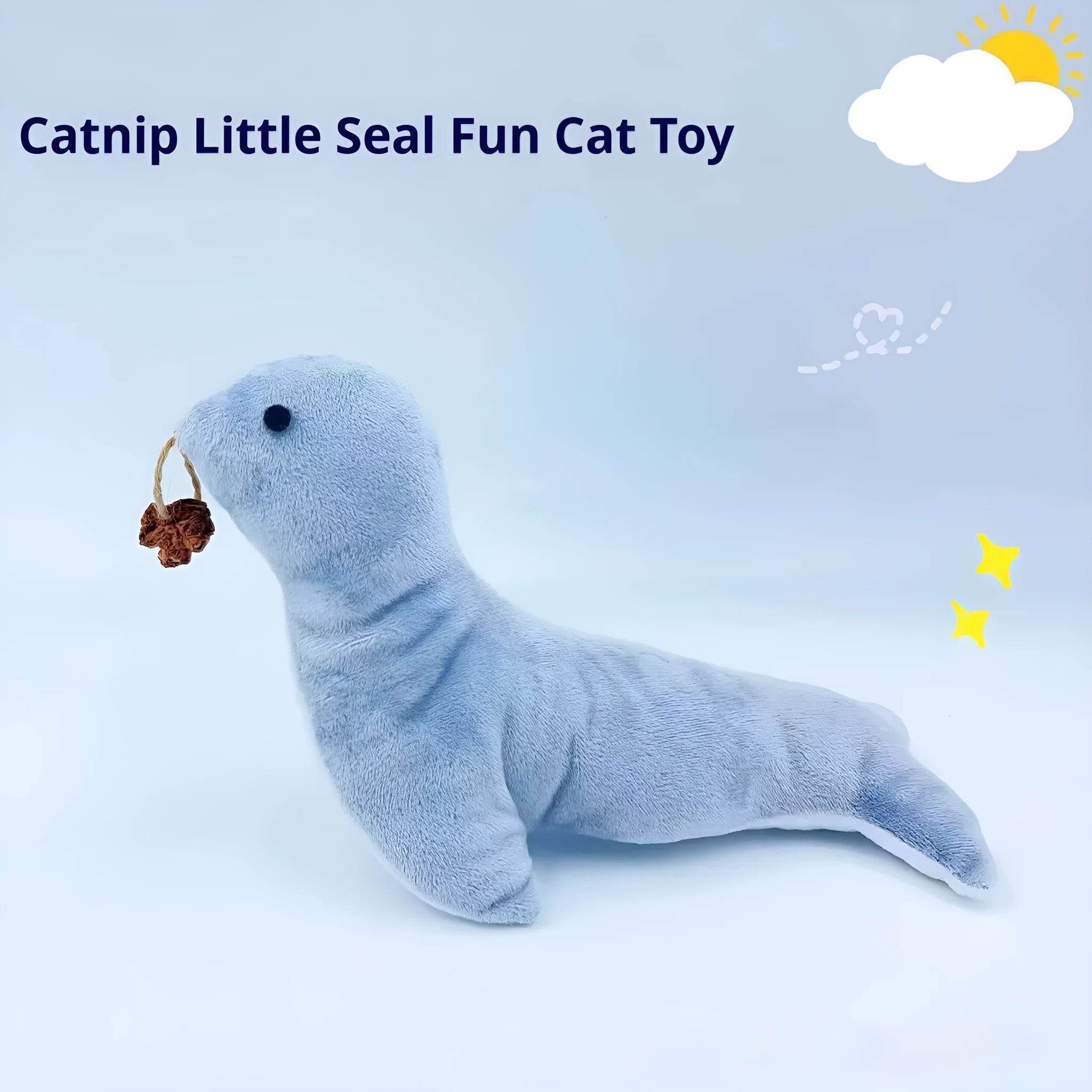 Blue sea lion plush cat toy with bell sound and catnip for teeth grinding and interactive play
