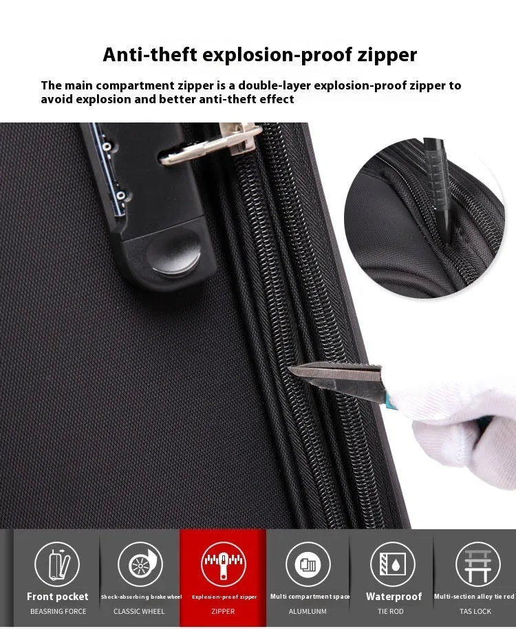 Black 18-inch Oxford cloth carry-on suitcase with retractable handle and universal wheels.