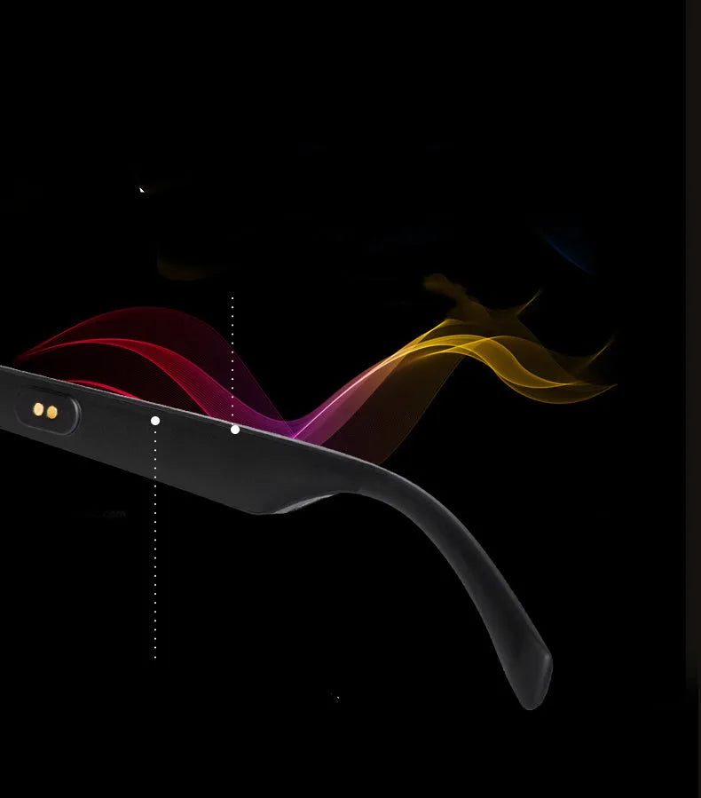 Black smart glasses with Bluetooth speakers and tinted UV-protection lenses on a table.