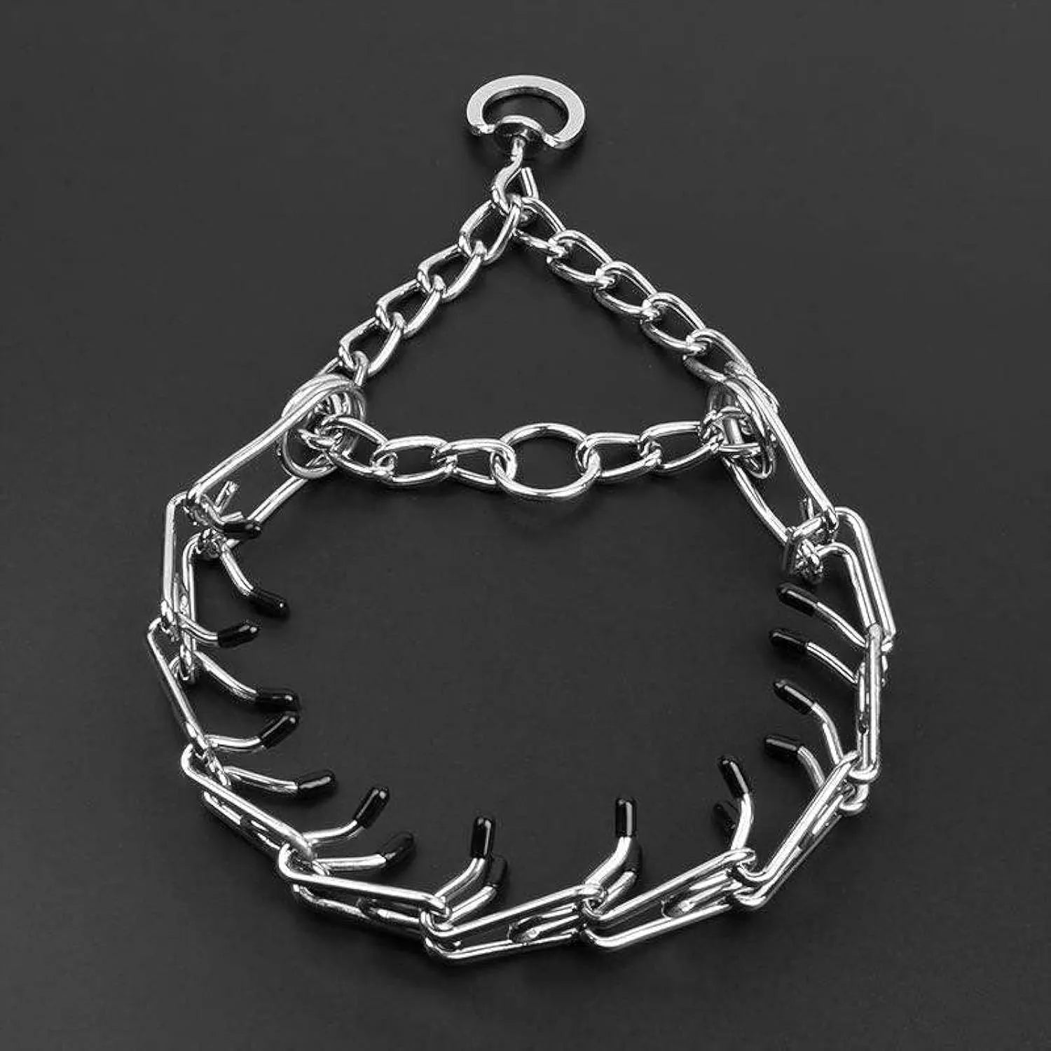 Stainless steel dog prong training collar with adjustable links and comfort rubber tips.