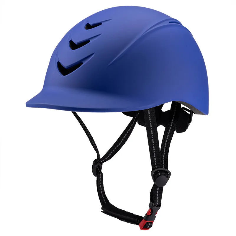 Horse racing helmet in solid titanium colour with ABS shell, EPS foam liner, and attached visor on neutral background
