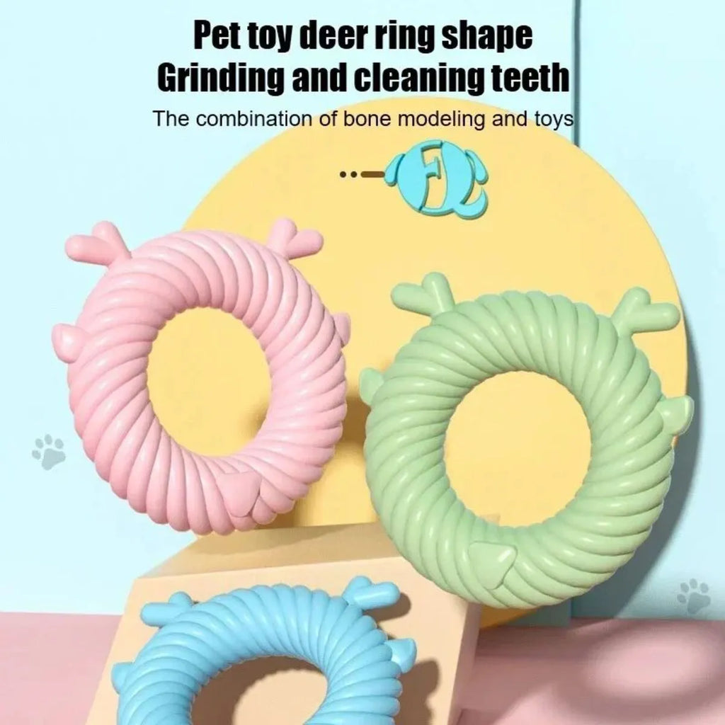 Deer-shaped dog chew toy in light blue with spiral groove teeth cleaning design