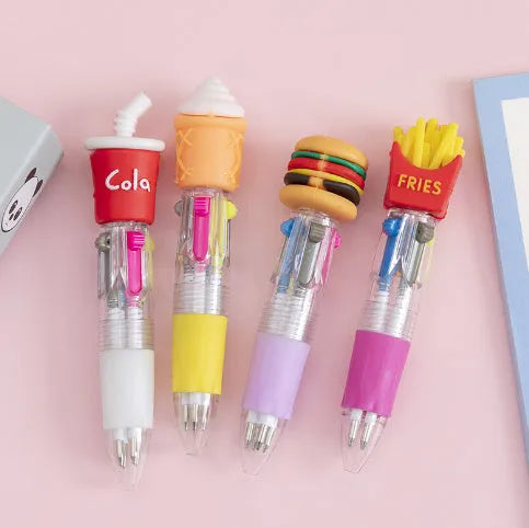 Cartoon-themed four colour press ballpoint pen with plastic and silicone body on a white background.