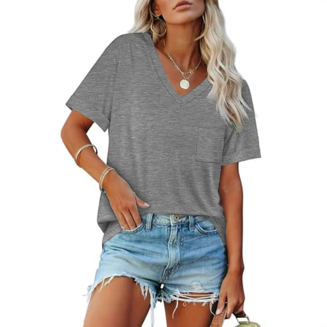 Grey loose-fit V-neck short sleeve t-shirt with a chest pocket on a solid background