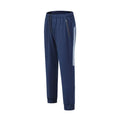 Men's black polyester running trousers with mid waist, laid flat.