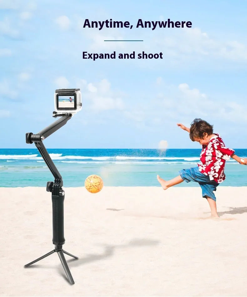 Black folding portable tripod stand for GoPro Hero action cameras on a white background.