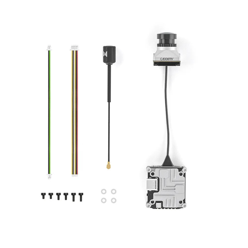 Silver Caddx ADAPTS digital image transmission unit for DJI FPV drones with connection cables and mounting screws.