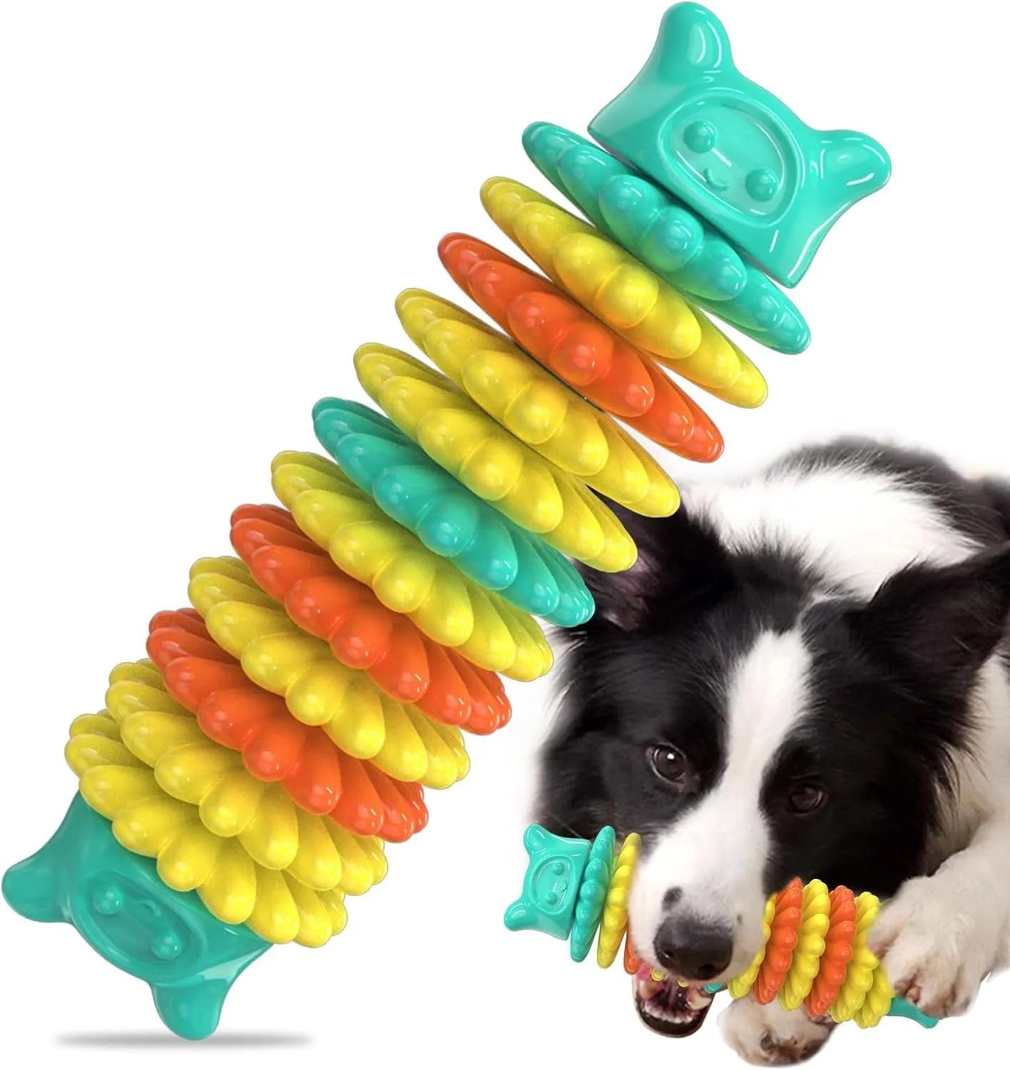 Blue natural rubber caterpillar-shaped dog chew toy on a plain background.