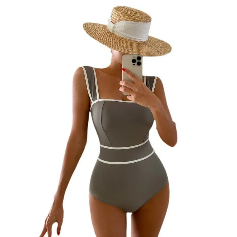 Women's backless lace-up one-piece swimsuit in nylon fabric showing adjustable design