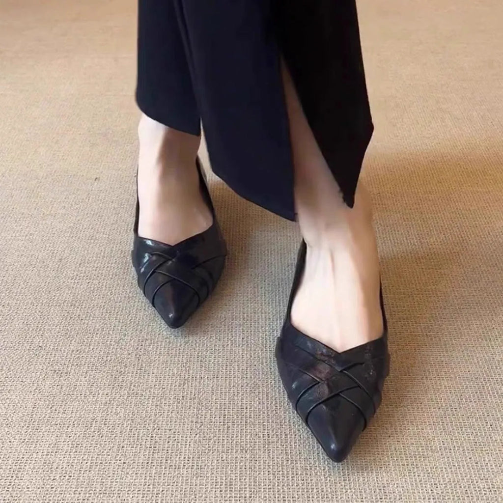 French Minimalist Pointed Toe Height Increasing Insole Flat Bottom Pumps in Black and Granny Grey Sizes 35-40 with Flanging, Stitching and Leather Stitching Simple Style Solid Colour Rubber Sole