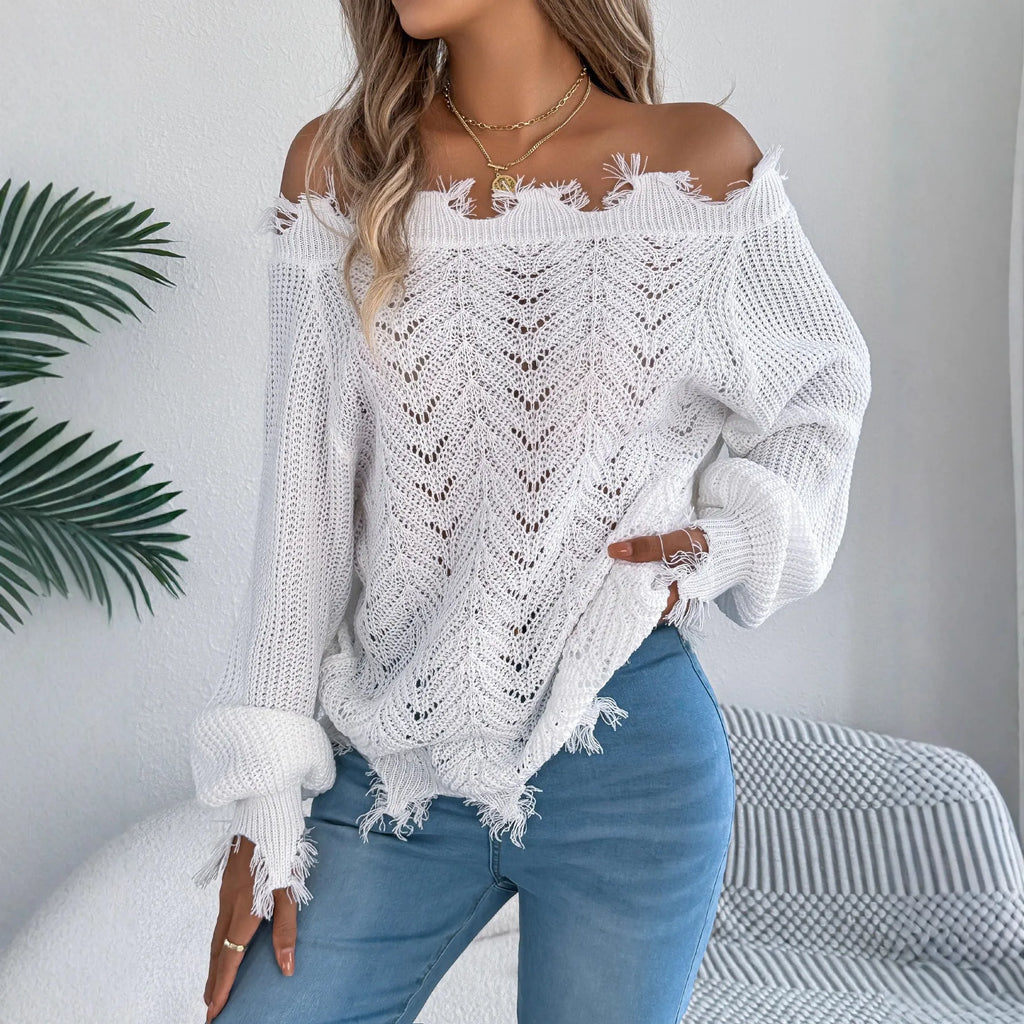 Hollow-out long-sleeved cut off-the-shoulder pullover sweater in artificial wool fabric