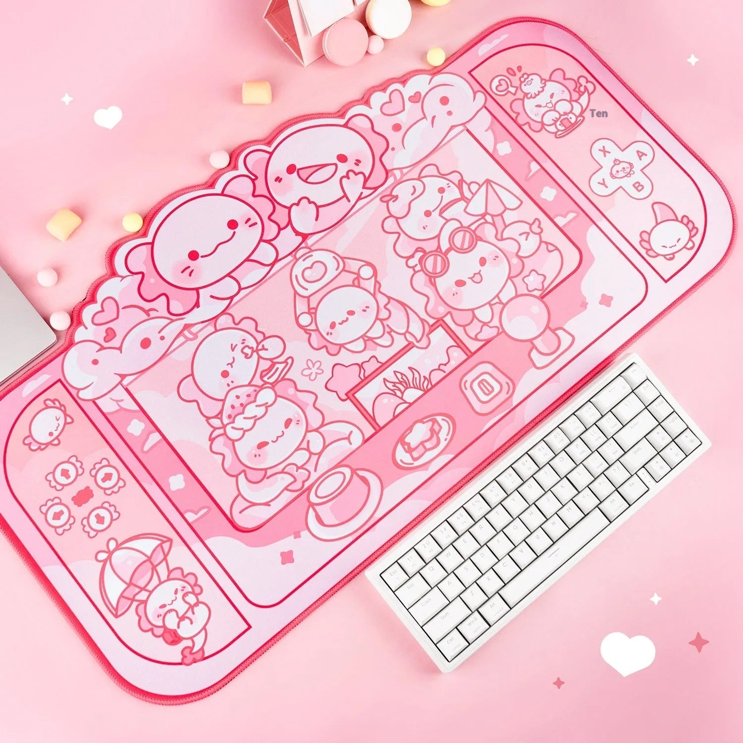 Large rectangular mouse pad with hexagonal crane machine and dragon doll cartoon print, measuring 75 by 40 centimetres.