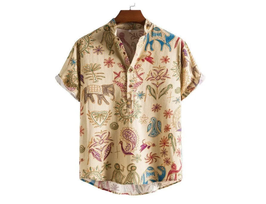 Man wearing a loose fit plus size cardigan with a detailed 3D digital print on the front.