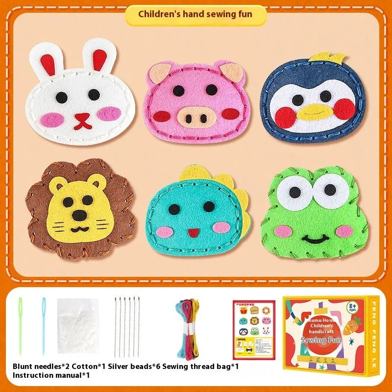 Children's non-woven cloth sewing kit with animal six models, needle, thread, and silver beads in a colour box
