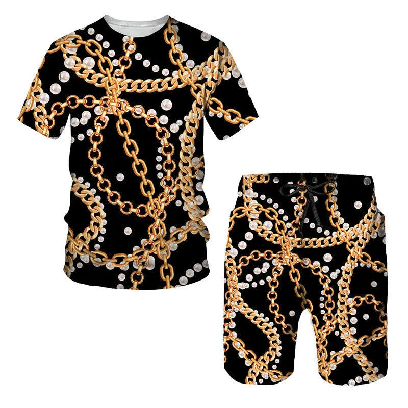 Chain pattern digital print short sleeve t-shirt and matching shorts set for summer.