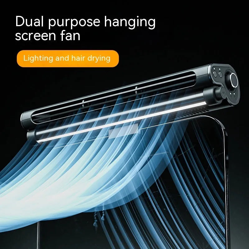 Black USB-powered bladeless fan clipped to a computer screen, showing integrated lighting lamp.