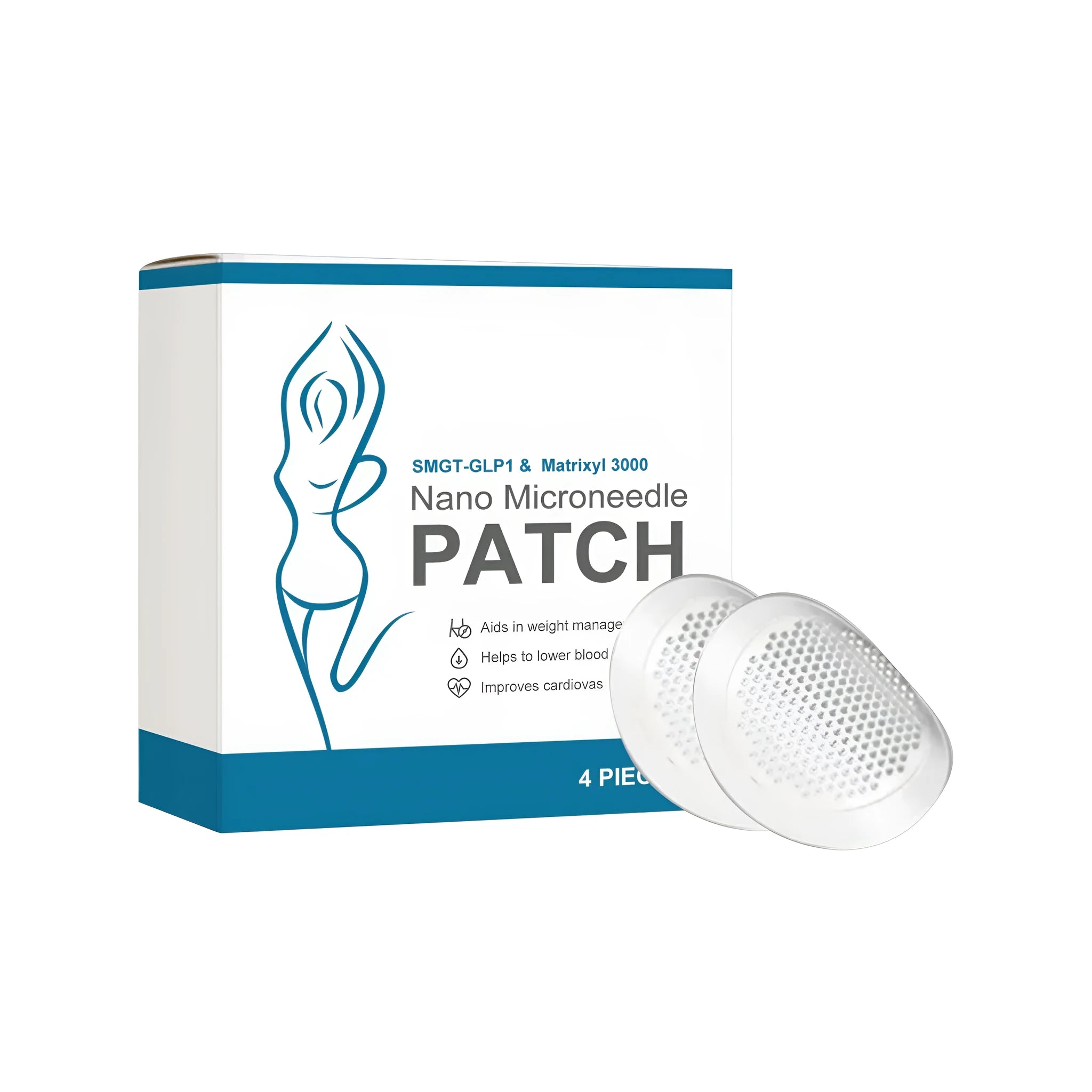A 4-pack of curcumin and GLP-1 microneedle body shaping patches.