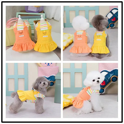 Orange red and yellow striped patchwork cotton skirt for dogs, shown in casual style.