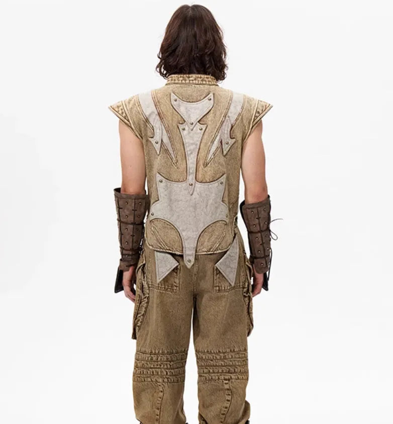 Men's picture colour cotton denim vest with pleated design in Korean style, laid flat.