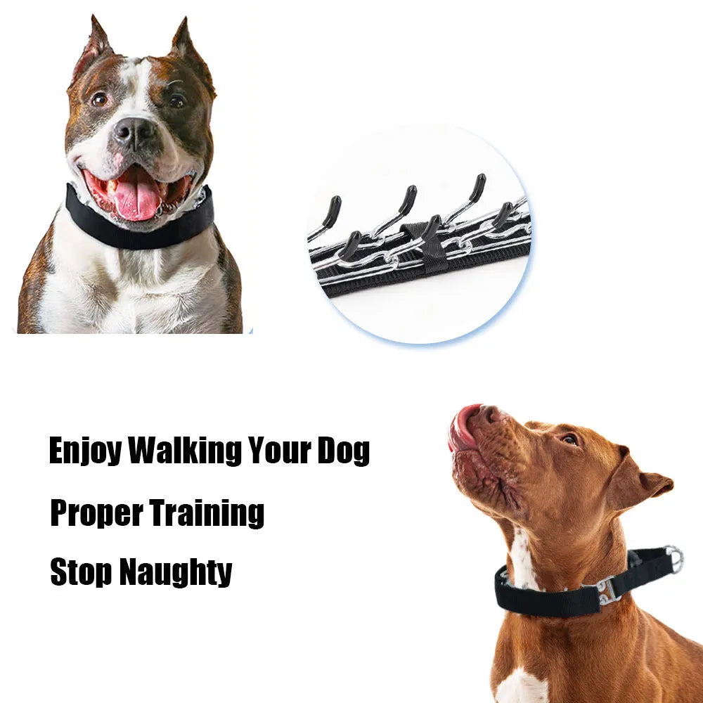 Stimulation dog training collar with prongs, nylon cover, and reflective strip in various colours and sizes.