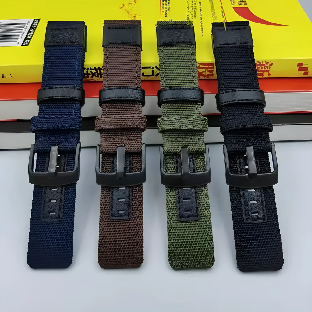 Oxford cloth NATO-style watch strap in army green shown next to black and camouflage colour options.