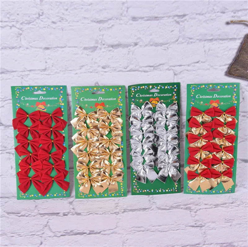 Red, gold, red gold, and silver 5 cm polyester Christmas decoration bows on a tree branch