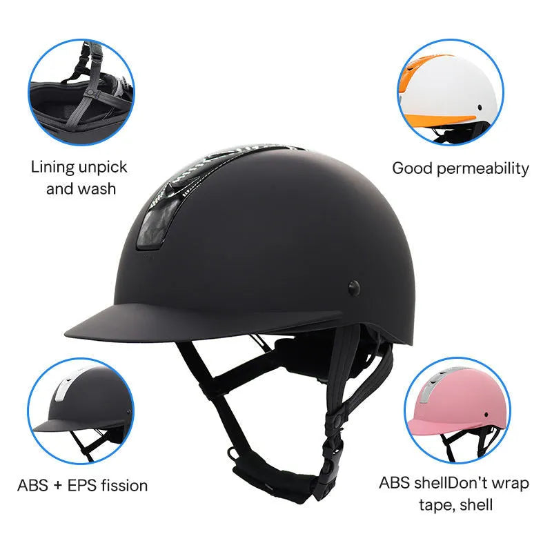 Lightweight ABS EPS equestrian helmet in bright black colour showing sizing options for horse riding