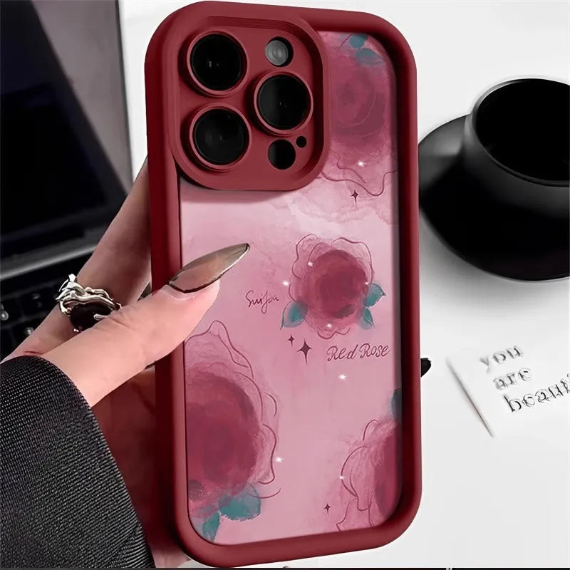 Creative blooming rose silicone phone case in red colour for iPhone 16 series back cover